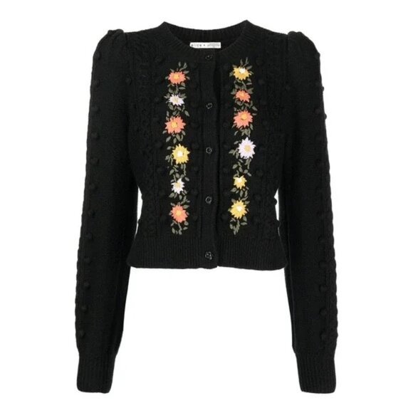 ALICE + OLIVIA Kitty Embroidered Puff Sleeve Cardigan in Black Size S